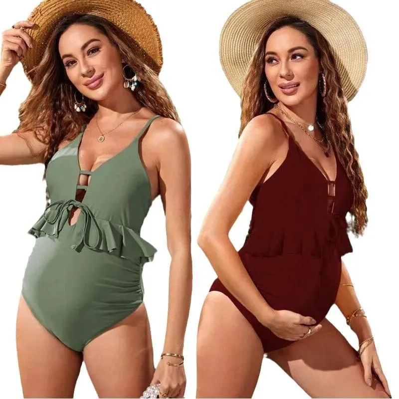 Ensemble 2022 Grossesse Volants Maillots de bain Femmes Solide Vcou Onepiece Maillot de bain Maternité Maillot de bain Summer Beachwear Body Plus Taille