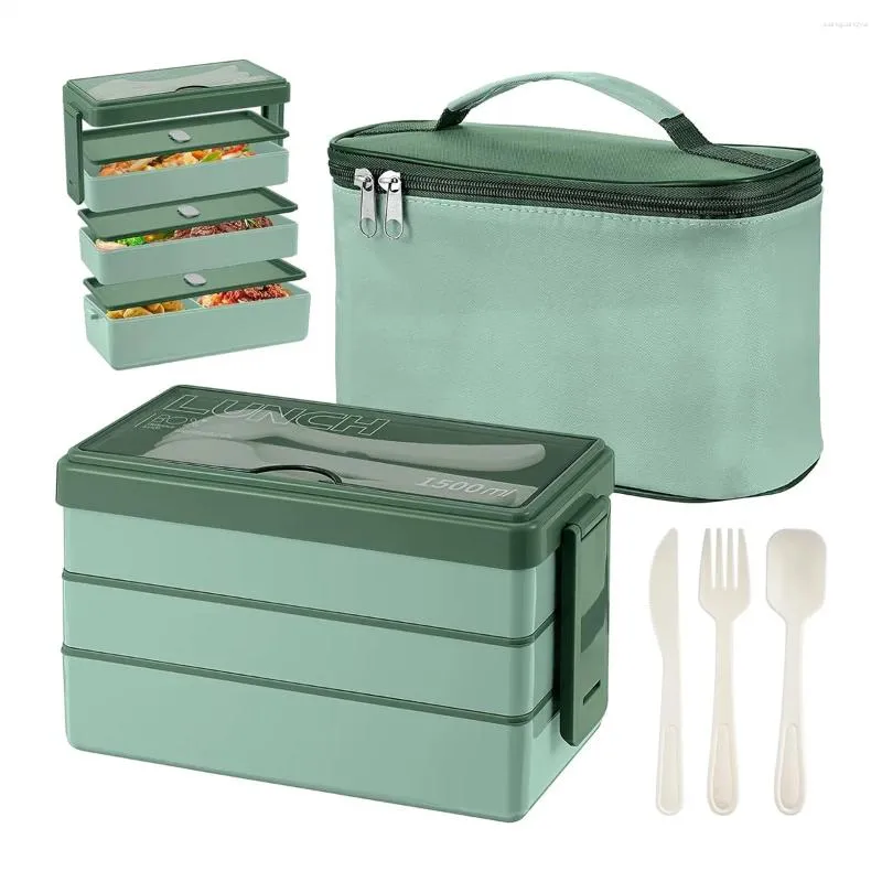 Ensembles de vaisselle Boîte à Bento de 1500 ml avec sac – Ensemble de couverts à déjeuner à 3 couches, récipient de préparation de repas 4 en 1, sac isolé (vert)