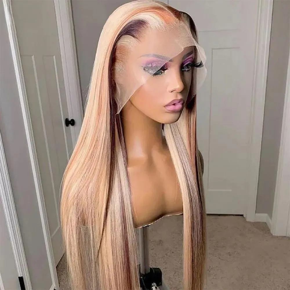 Perucas destaque peruca mel loira marrom colorido laço frente simulação perucas de cabelo humano para as mulheres 13x4 hd transparente brasileiro em linha reta la