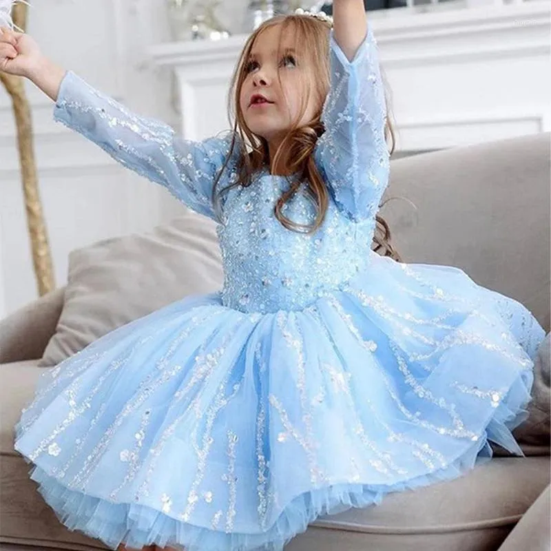 Girl Dresses Baby Skirt Festive Dress Female With Illusion Sleeve Lace Corest Fluffy Ball Gown Formal Party Junior Bride