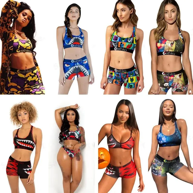 Swimwears Swimwear Women Tie up Bra +Shorts Swimming Trunk Pants 2 Piece Tracksuit Patchwork Shark Camo Swimsuit Bikini Set E22908