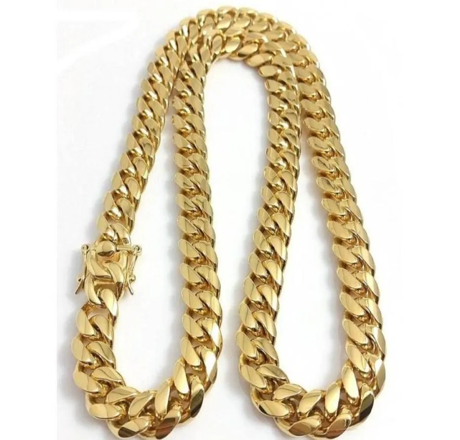 fine 18K Gold Plated chain jewelry Stainless Steel High Polished Miami Cuban Link Necklace Men Punk 15mm Curb Double Safety Clasp 8848319