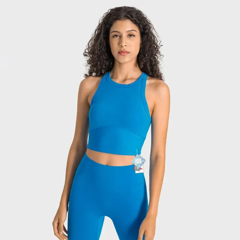 ET001 Double 6 Lycra Yoga Üstleri Antibakteriyel Yarış Çıplak Sense Tank Top Tereyağlı Yumuşak Yüksek Boyun Sütyenli Çıkarılabilir Kupalar ile Yelek