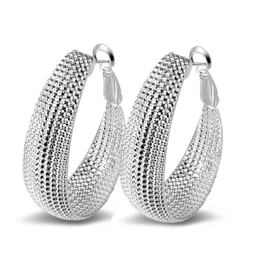 925 Sterling Silver Hoop Earrings Elegant Women Oval Fashion Costume Jewelry Big Trendy Net Earring289G