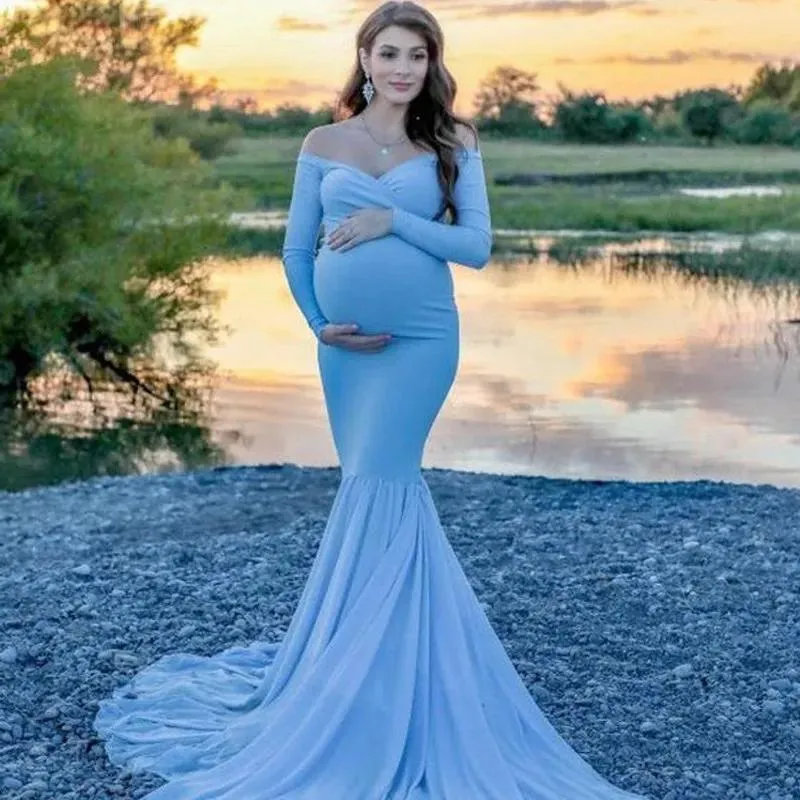 Dresses Women Off Shoulder Maternity Slim CrossFront V Neck Long Sleeve Gown for Photo Shoot Elegant Pregnancy Dress Photography