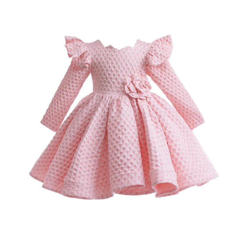 Little Girls Diamond Lattice Pink Princess Dress Ball Gown Kids Stereo Flower Bows Belt Party Dress Valentine's Day Children Dance Performance Clothes Z6327