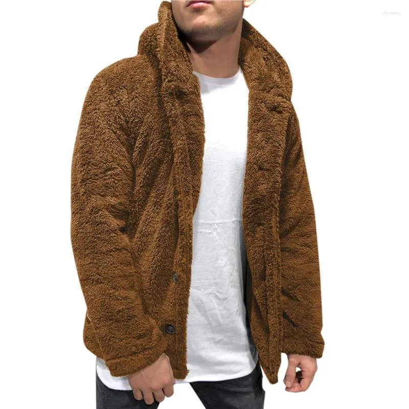 Jaquetas masculinas outono/inverno botão casaco quente pele artificial inverno casual solto dupla face de pelúcia com capuz jaqueta de lã fofa