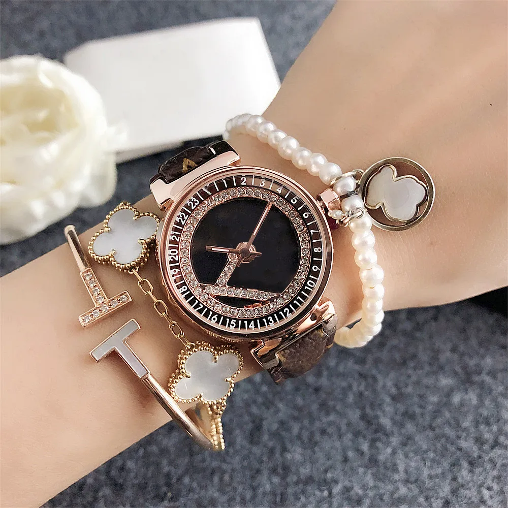 Moda completa marca relógios de pulso feminino menina diamante rotativo dial estilo pulseira couro quartzo logotipo luxo relógio l 102