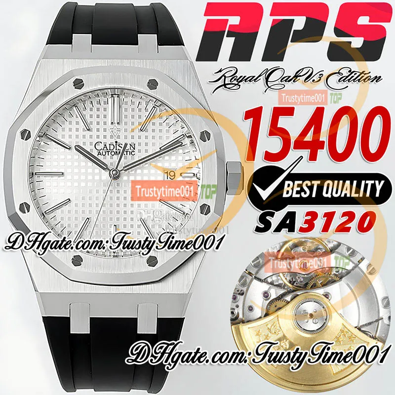 APSF V3 15400 SA3120 Orologio automatico da uomo 41 mm quadrante bianco strutturato indici cassa in acciaio cinturino in caucciù nero Super Edition trustytime001 Orologi ultrasottili