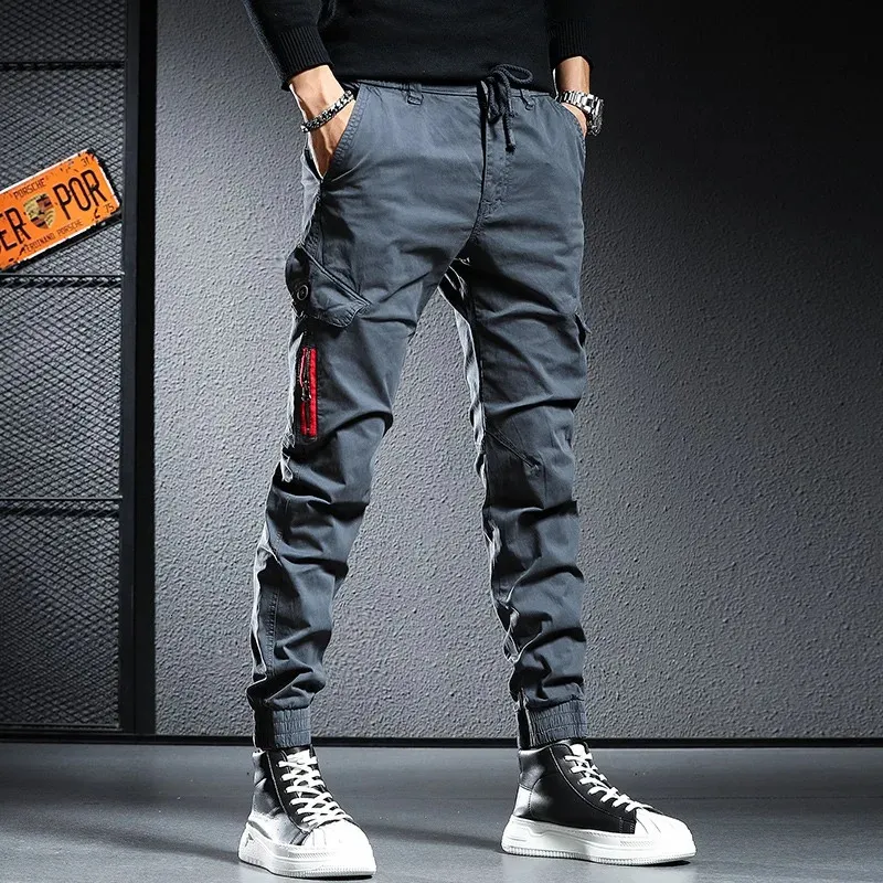 Fashion Tactical Cargo Pants Men Cotton Sport Joggers Streetwear Casual Slim Fit Drawstring Trousers 231227