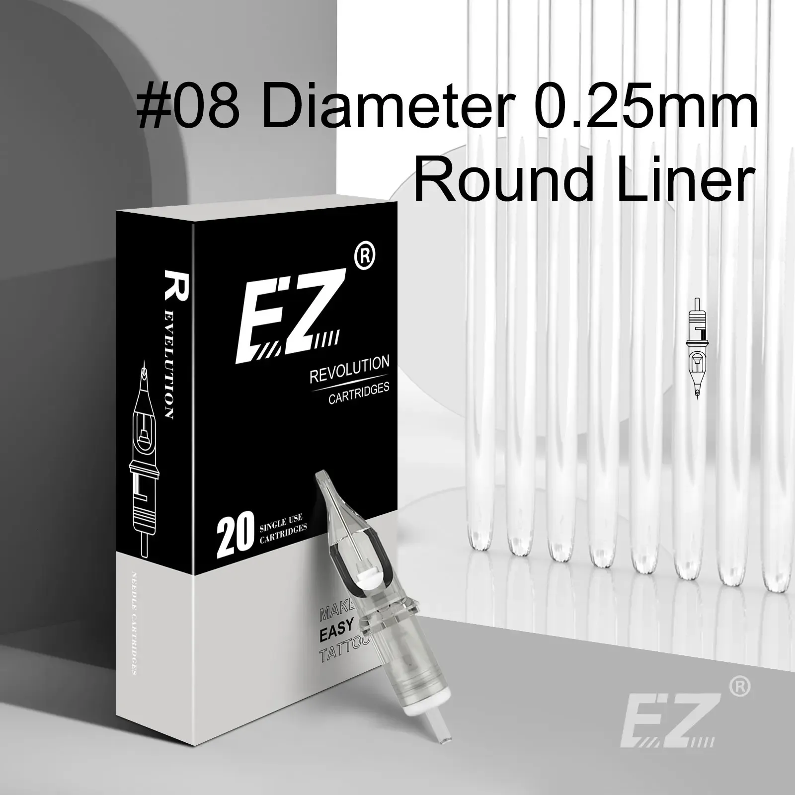 EZ Revolution Tattoo Needles Cartridge Round Liners #08 0.25mm for Cartridge Machine and Grips 20 Pcs /box 231227