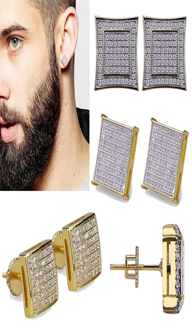 18K Real Gold Hiphop CZ Zircon Square Stud Earrings 0716cm for Men Women and Girls Gifts Diamond Earrings Studs Punk Rock Rappe4891261