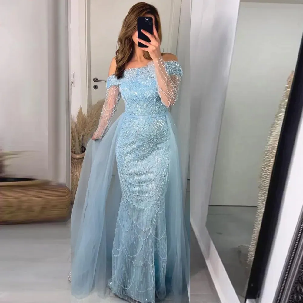 Luxury Sky Blue Mermaid Pearls Prom Pageant Dress 2024 För kvinnor med löstagbart tåg från axeln Evening Formal Party Gowns Vestido de Gala Robe de Soiree