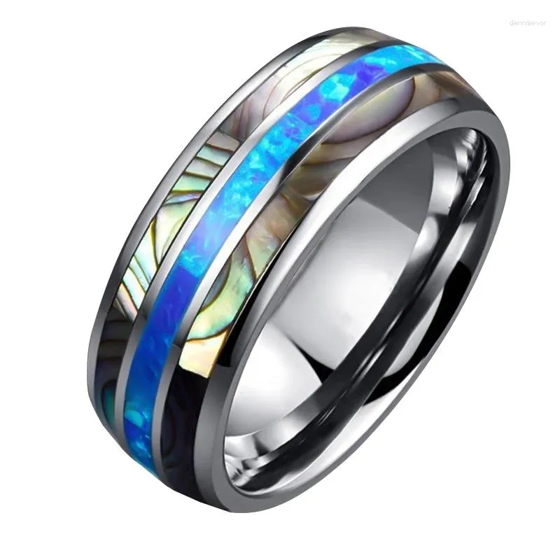 Anelli a grappolo 8 mm di larghezza conchiglie intarsiate blu opale acciaio al tungsteno uomo anello di fidanzamento gioielli da uomo
