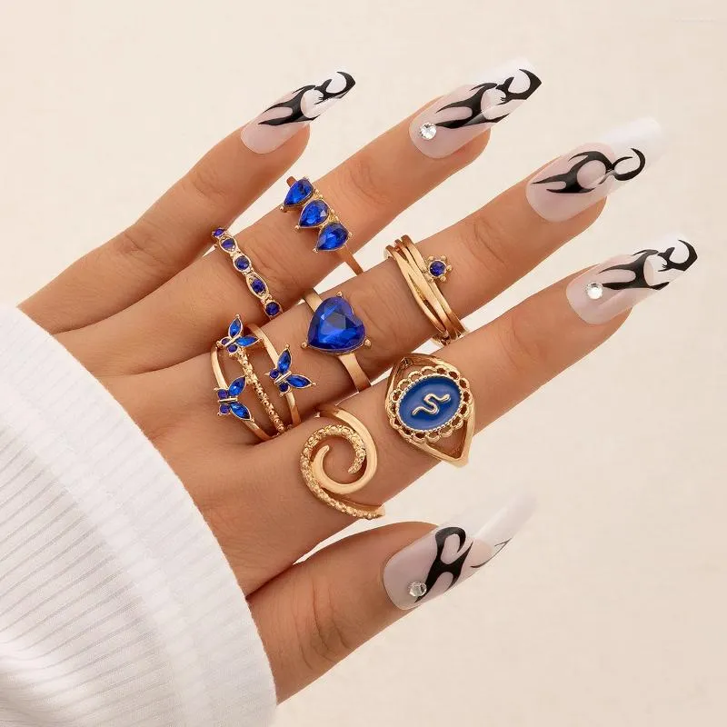 Pierścienie klastra Boho Blue Butterfly Zestawy pierścieni kryształowych dla kobiet uroków Drop olej wąż geometria biżuteria hurtowa 7pcs/zestawy 22780