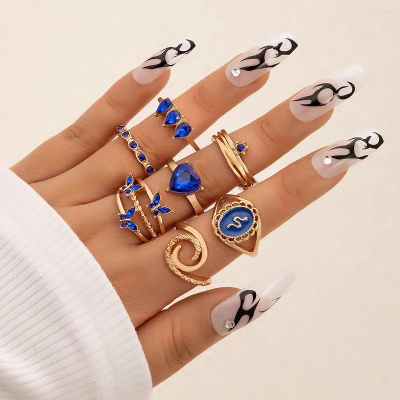 Cluster Ringen Boho Blauwe Vlinder Kristallen Ring Sets Voor Vrouwen Charms Drop Olie Slang Geometrie Sieraden Groothandel 7 stks/sets 22780