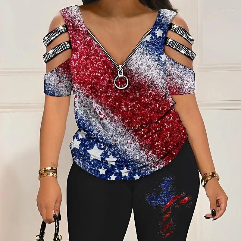 Women's Tracksuits 2024 Spring Summer Flag Printed V-neck Half Sleeve Off-the-Shoulder Top Shorts Two-Piece Set