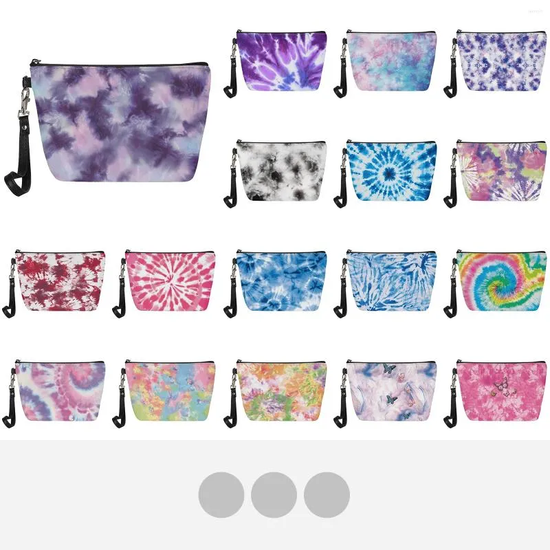 Kosmetiska väskor Kvinnor Flat-Top Makeup Bag Tie-Dye Pattern Portable Armband Rope Lätt att bära vattentät PU-rymdläder passform