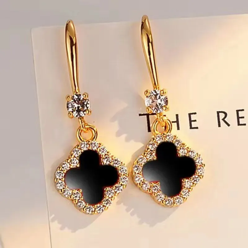 S925 boucles d'oreilles trèfle à quatre feuilles en argent sterling créateur de mode de luxe onyx avec diamants boucles d'oreilles exquises simples boucles d'oreilles pour femmes bijoux de luxe légers pour dames