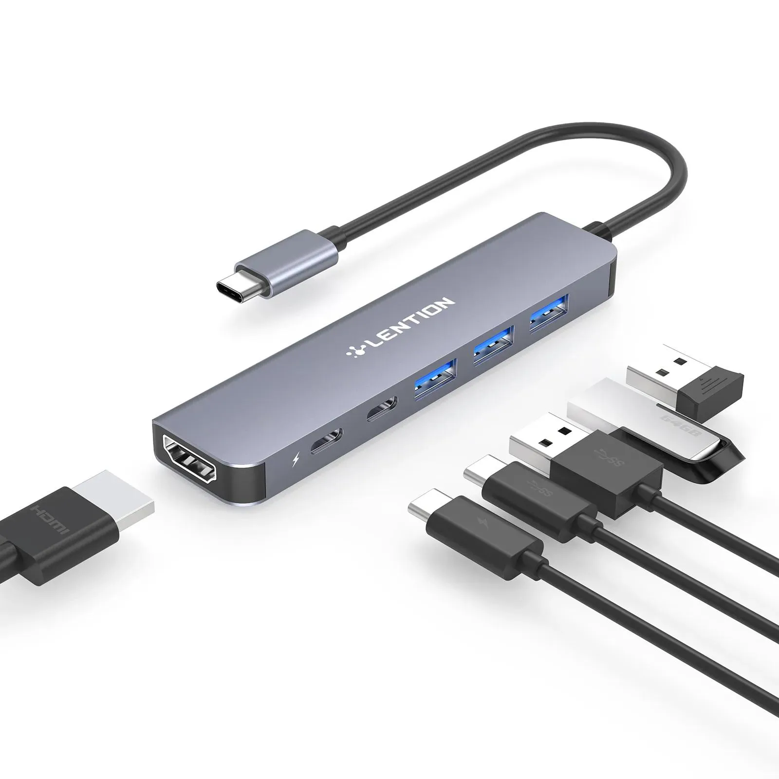 Hubs LENTION USB-C-Hub, 6-in-1-USB-C-auf-USB-Adapter, Typ-C-Multiport-Dongle mit 4K-HDMI, C-Port-Datenanschluss, USB 3.0, 100 W PD-kompatibel