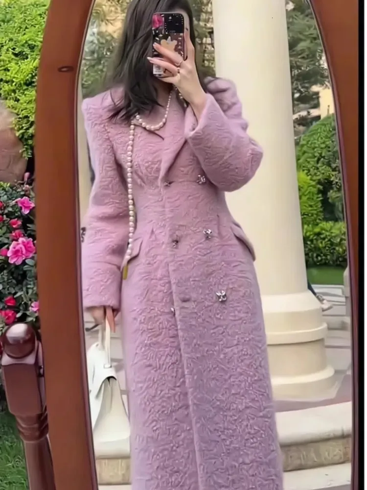 Autumn Winter Women s Thick Warm Overcoat 2023 Fashion Purple Double breasted Lapel Tweed Suit Jacket Female Loose Long Coat 231227
