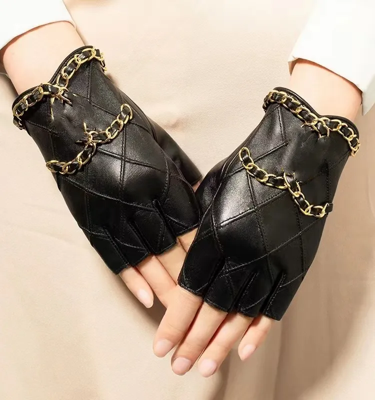 Cinq doigts gants concepteur en cuir demi-doigt gants femmes en peau de mouton gants de moto fuite doigts court printemps et automne section mince cadeau QQ
