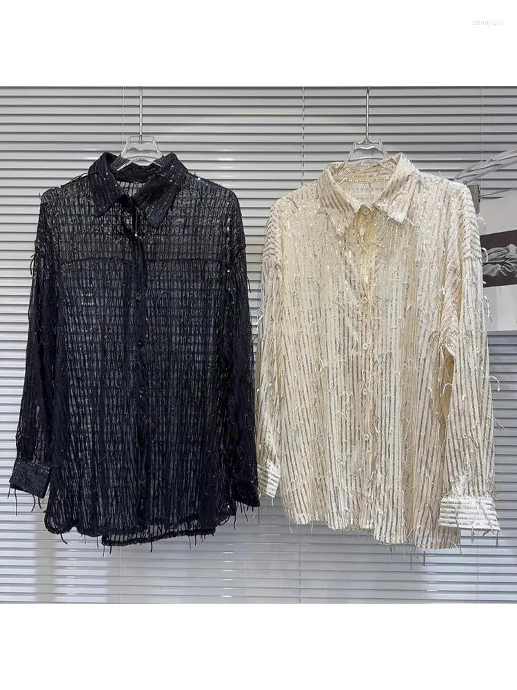 Women's Blouses HIGH STREET Est 2024 Designer Blouse Sequin Fringe Long Sleeved Gauze Shirt