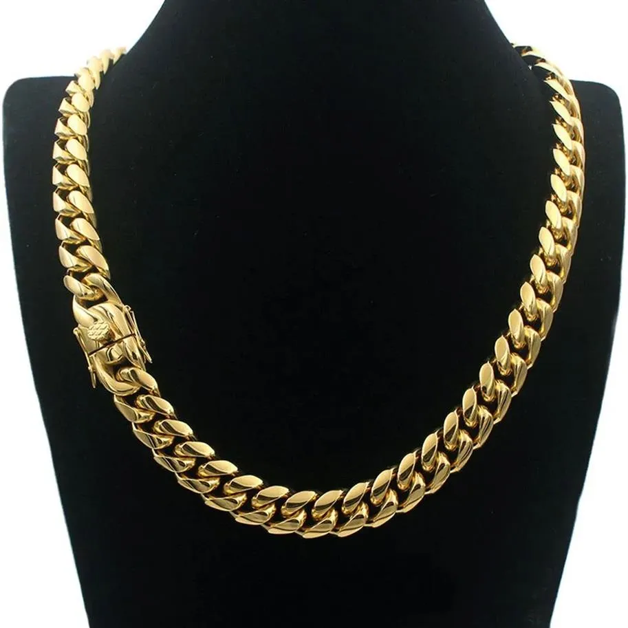 Hommes chaîne cubaine collier bijoux en acier inoxydable haute poli Hip Hop gourmette lien double fermoirs de sécurité 18K estampillé 14mm de 18inch214u