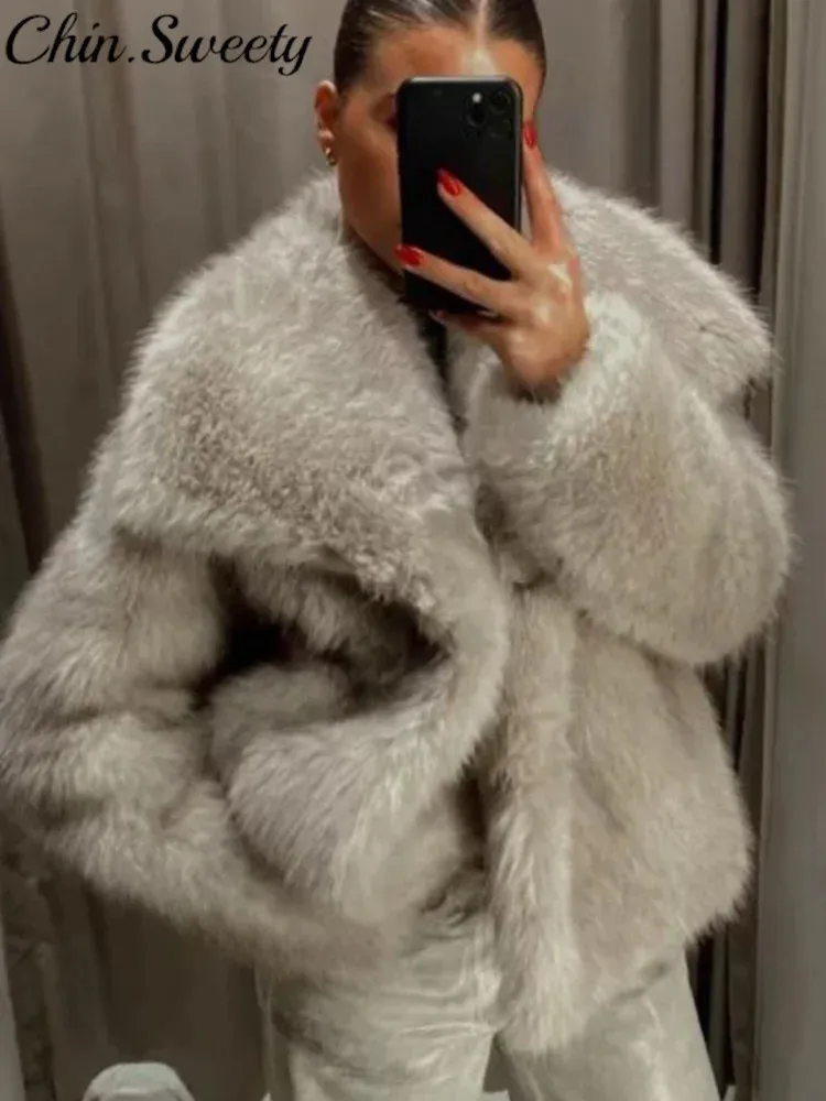 Women Fur Coat Turndown kołnierz Hight Street Long Rleeve Kieszonkowe płaszcze Kobieta 2023 Zima Elegancka zagęszcza dama 231226