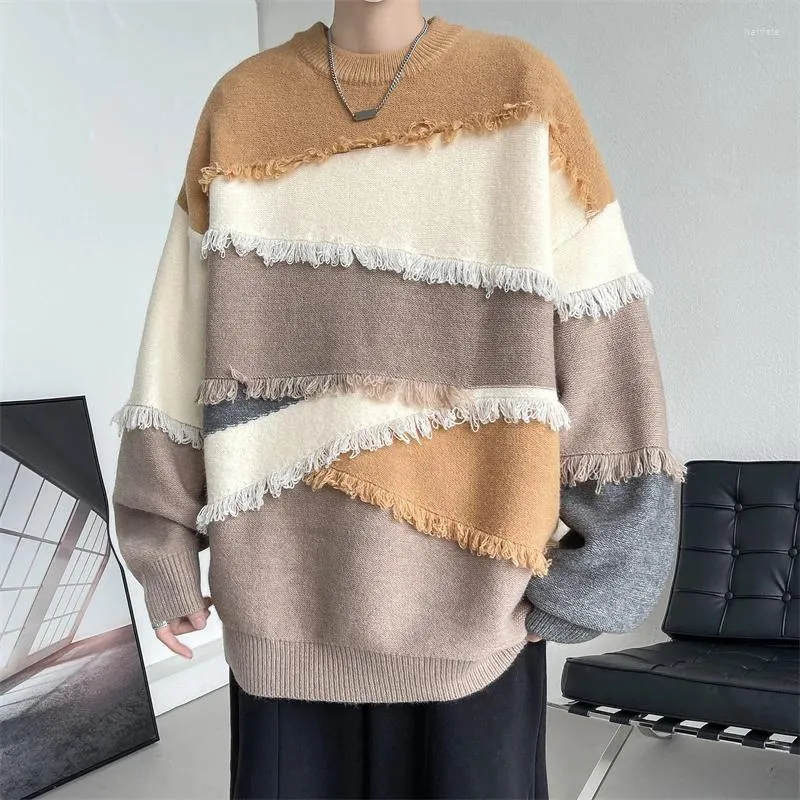 Maglioni da uomo maglione pullover lavorato a maglia invernale stile retrò coreano abbinato a frange di colore streetwear casual allentato