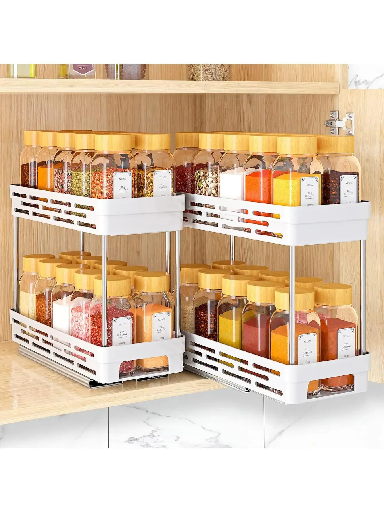 WorthBuy 2 Layer Kitchen Storage Organisera kryddor Jar Bottle Rack Organizer Hyllor Slide Cabinet 231227