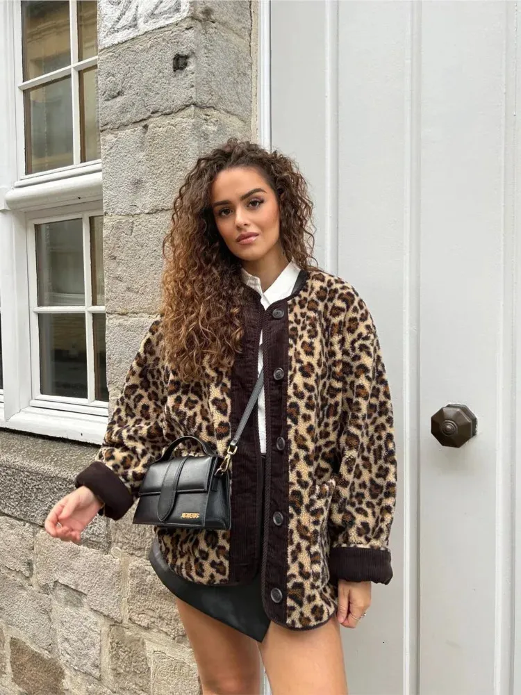 Vintage Leopard Print Reversible Wool Coat O Neck Single Breasted Pockets Fleece Jackets Autumn Winter Female Streetwear 231227