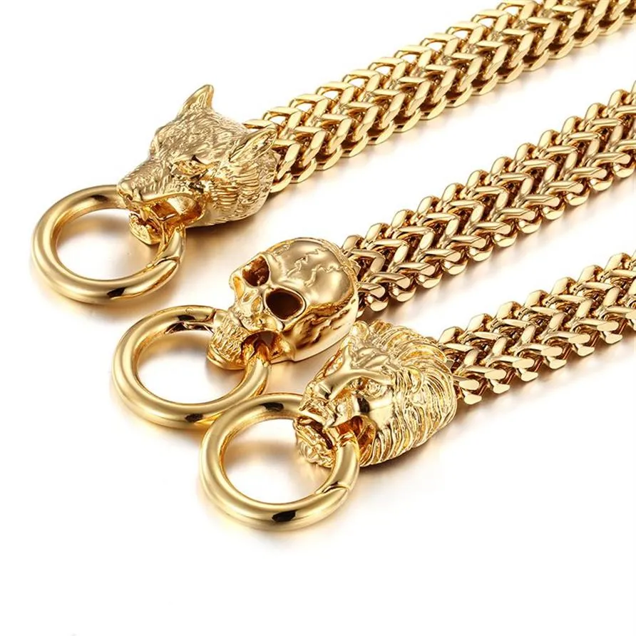 Men's Cool Gifts Biker stainelss steel Gold Double figaro Chain Bracelet wolf lion skull Heads Clasp Bangle Bracelet241I