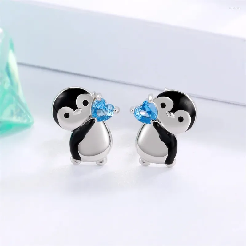 Boucles d'oreilles pingouin, incrustation de cristal bleu, luxueux, jolis animaux, bijoux en émail, cadeau pour femmes et filles
