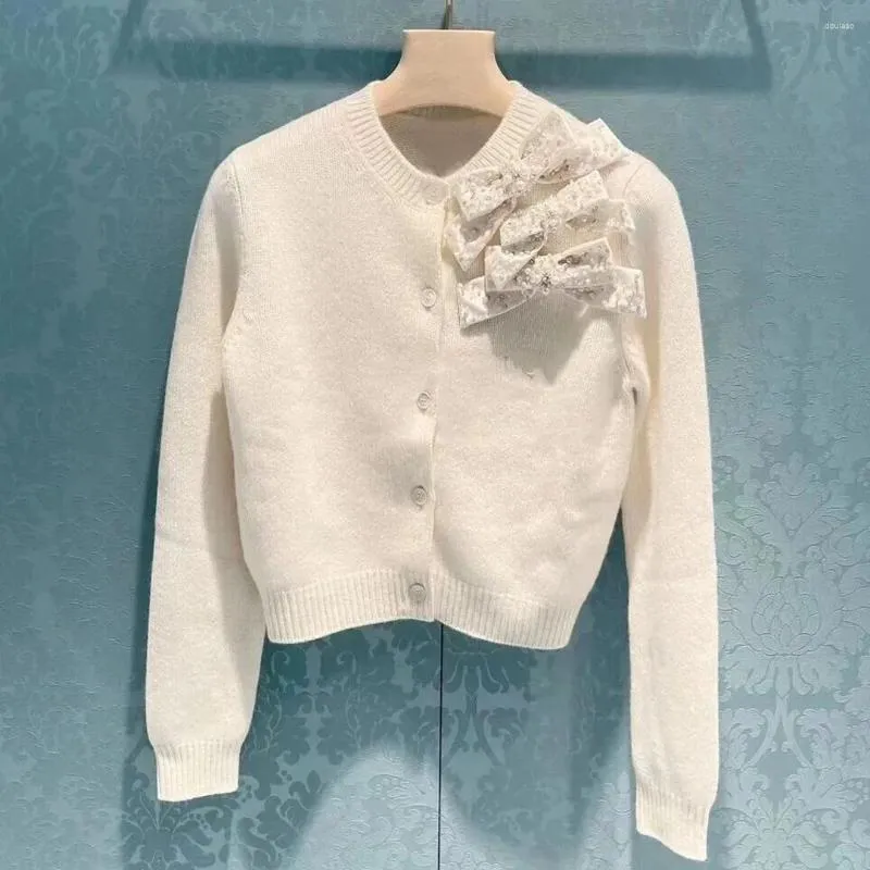Damesbreien 2023 Women Cardigan Solid Sweater Dunne zware industrie Garned Bow Fashion O-Neck lange mouw korte jas