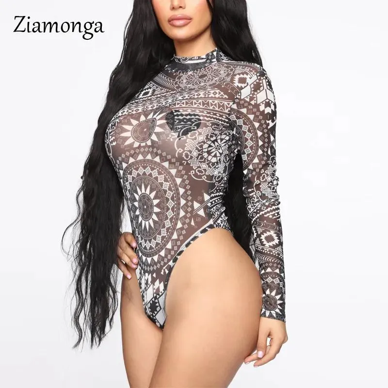 Rompers Ziamonga Casual Tattoo Print Skinny Bodysuit 2020 Autumn Winter Women Long Sleeve High Neck Sexig Kvinnlig streetwear overaller