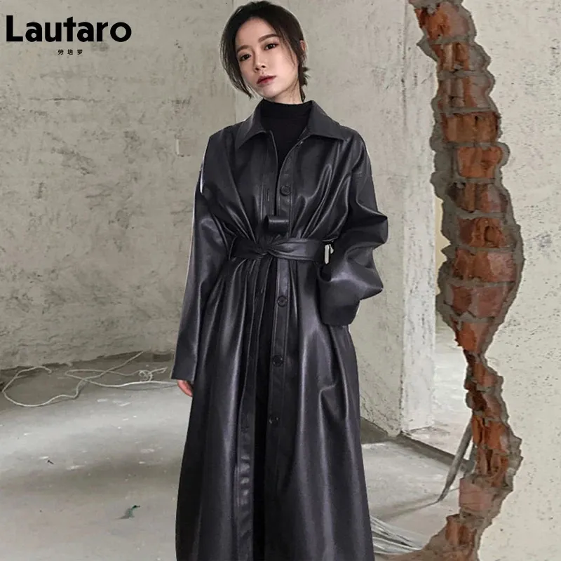 Lautaro Autumn Long Black Cool PU Leather Trench Coat for Women Belt Single Breasted Loose Korean Fashion Wholesale Clothes 231226