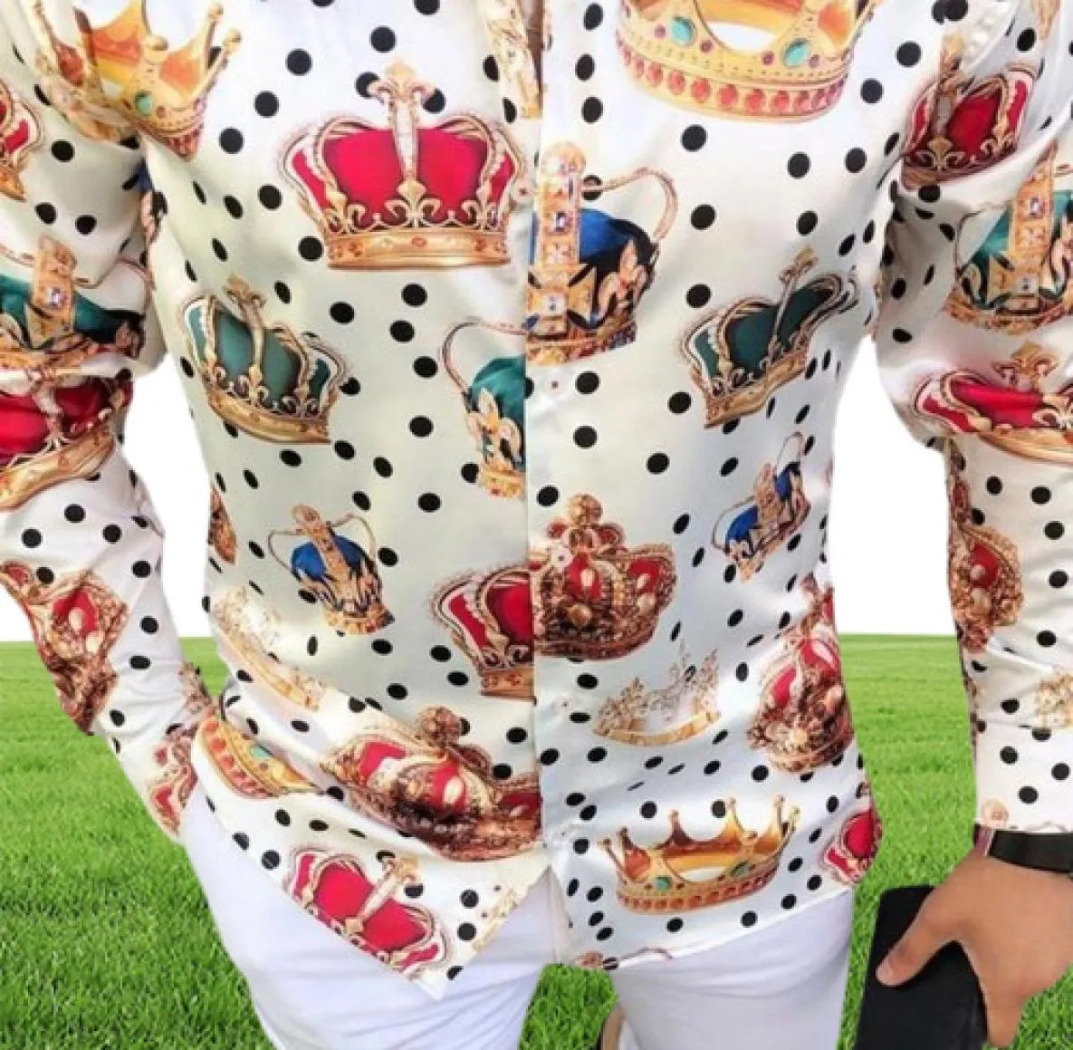 Men039s TShirts 2021 Autumn Men Casual Shirt Eyecatching Dot Crown Print Turndown Collar Single Breasted Long Sleeve Male To1822331