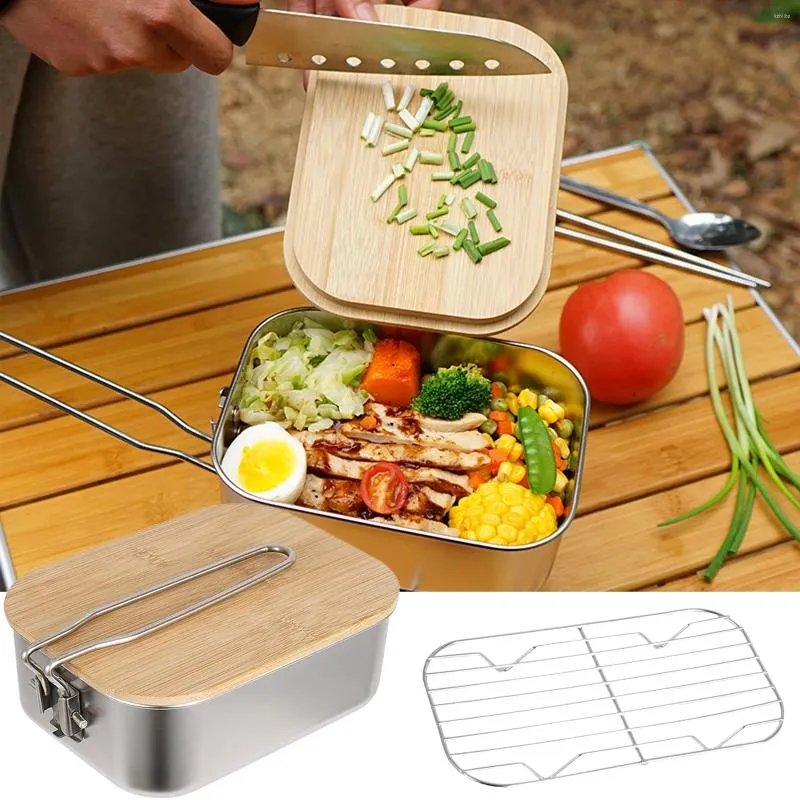 Dinnerware 900ml Stainless Steel Lunch Box With Cutting Board Portable Picnic Bbq Camping Bento Leak-proof Case Outdoor Tableware