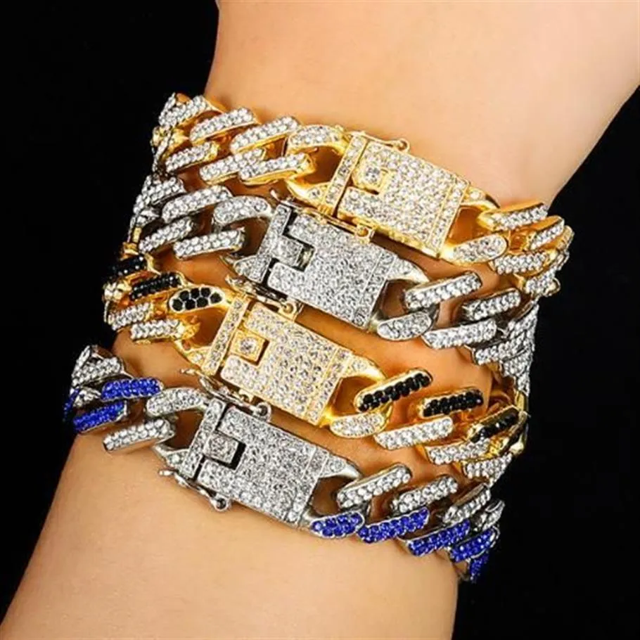 Nieuwe Mode Vergulde Bling Kleurrijke Diamant Heren Dames Hip Hop Zwart Rood Blauw Cubaanse Link Chain Armband Curb Raper kettingen Gift241W