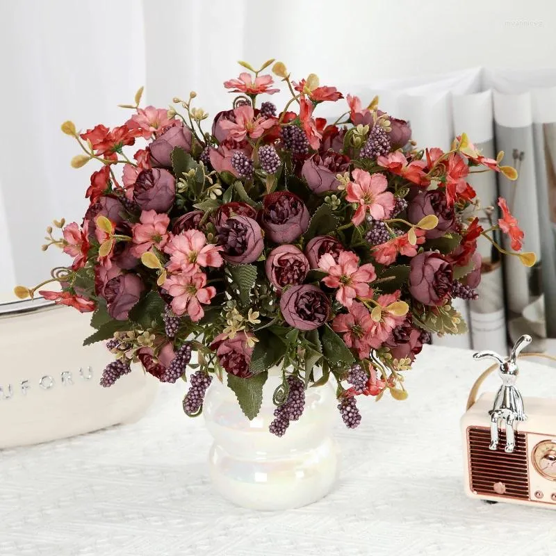Fiori decorativi 30 cm bouquet di rose artificiali per la decorazione domestica soggiorno tavolo da pranzo ornamenti floreali di fiori di seta