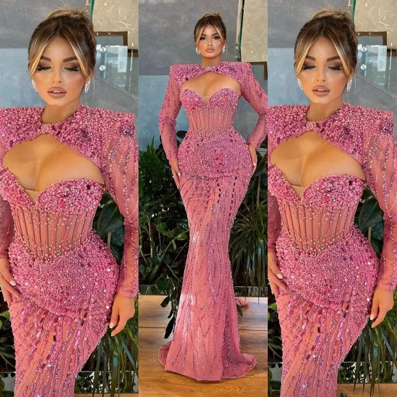 Luxueux Dusty Rose Aso Ebi Robes de bal pour occasions spéciales Manches longues Sirène Dentelle perlée Robe de soirée formelle avec veste pour femmes noires africaines NL151