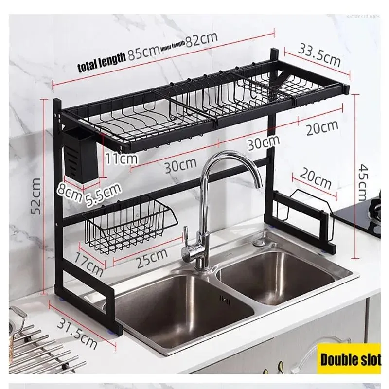 Pia de armazenamento de cozinha, organizador de drenagem de louça, rack de aço inoxidável, acessórios práticos ajustáveis