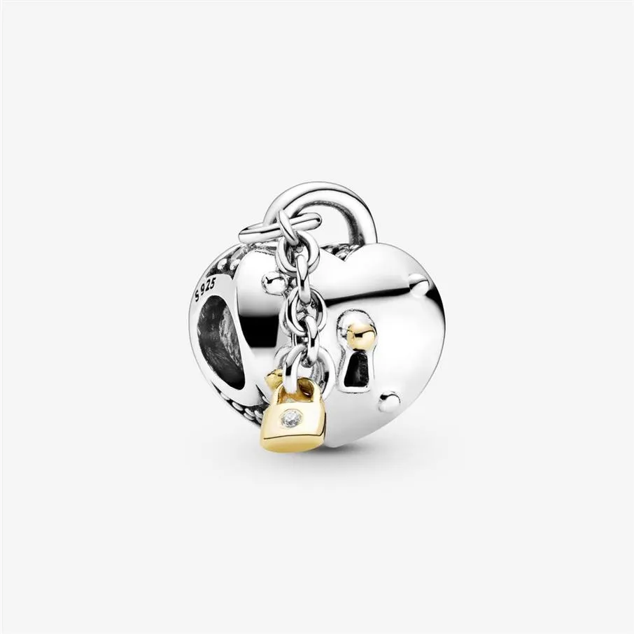 100% 925 Sterling Silver Two-Tone Heart and Lock Charm Fit Original European Charms Armband Bröllopsmycken Tillbehör257Z