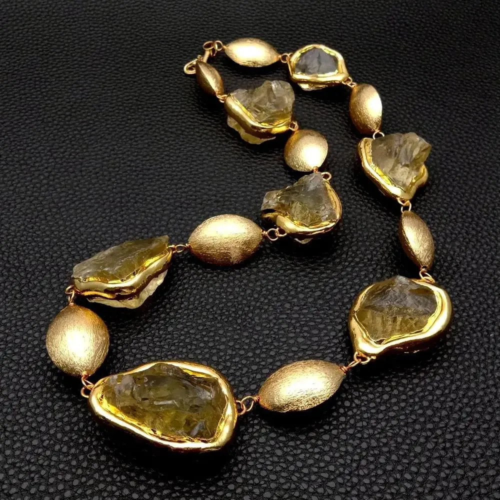 Kolyeler y.Ying doğal limon kuvars kaba ham kolye altın kaplama fırçalanmış boncuk sarı değerli taş yarı değerli kadın mücevher