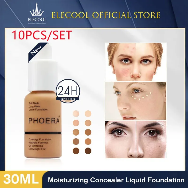 PHOERA 10 pièces ensemble de fond de teint liquide visage fond de teint mat correcteur visage contrôle de l'huile cosmétique goutte maquillage TSLM1 231227