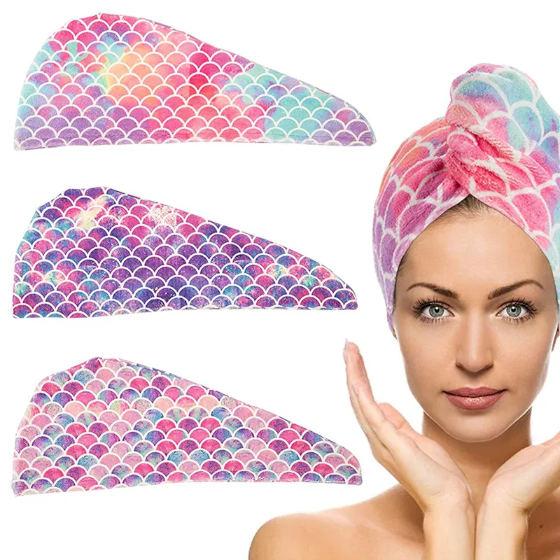 Chapeau de séchage de cheveux en microfibre Super Absorption, bonnet de serviette de soins capillaires enveloppé, bonnets de douche à séchage rapide, chapeaux de bain de salle de bain, motif d'écailles de poisson imprimé pour femmes HW0154