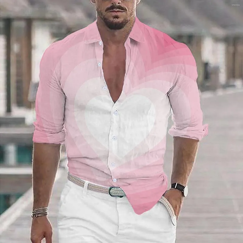 Camicie casual da uomo Camicia da uomo per il tempo libero stile San Valentino Camicette cardigan tinta unita a maniche lunghe con stampa amore