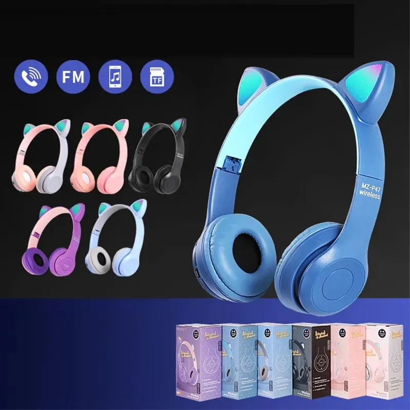 Hörlurar trådlösa hörlurar bluetooth 5.0 pannband p47 spel färgglada LED -ljus headset kattöron skönhet hifi stereo musik hörlurar grils k