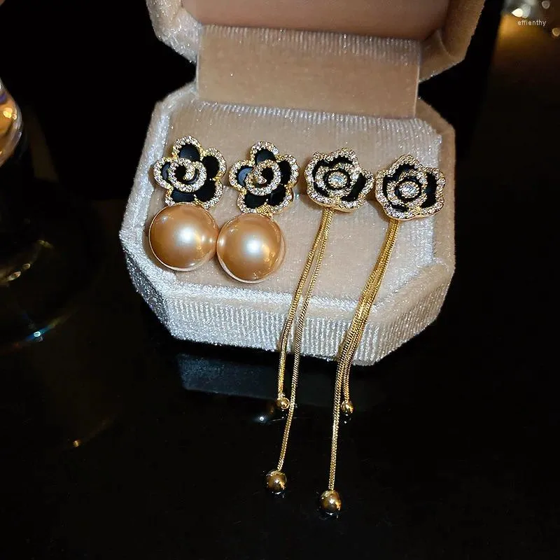 Pendientes colgantes elegantes con flor de circón, gota de borla de perla redonda para mujer, joyería de fiesta de moda